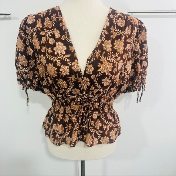 10 Crosby Derek Lam Size 8 Puff Sleeve VNeck Rhea Blouse Top Resort Brown Floral - Picture 6 of 14